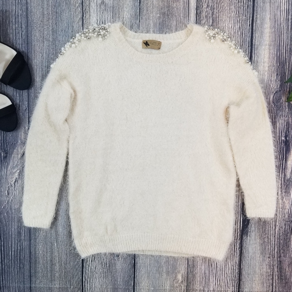 Katsumi Pearl Accented Shoulder Soft Fuzzy Ivory Pullover Sweater
